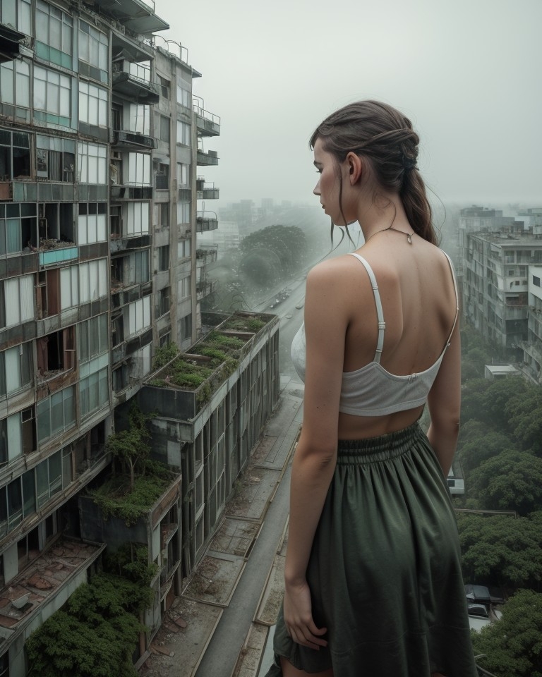 Example result. Prompt: girl, back view on balcony, 1girl, surreal, fog, cloud, desolated city, ((apocalyptic overgrown city)), plant covered crumbling…