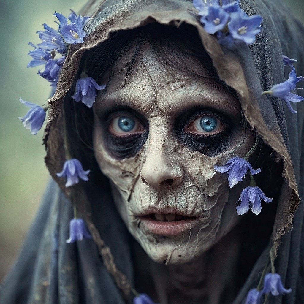 Example result. Prompt: (ghoul:1.2) with a gaunt expression, beautiful big eyes, close up, wearing tattered rags, with bluebell blossoms, cracked porcelain…