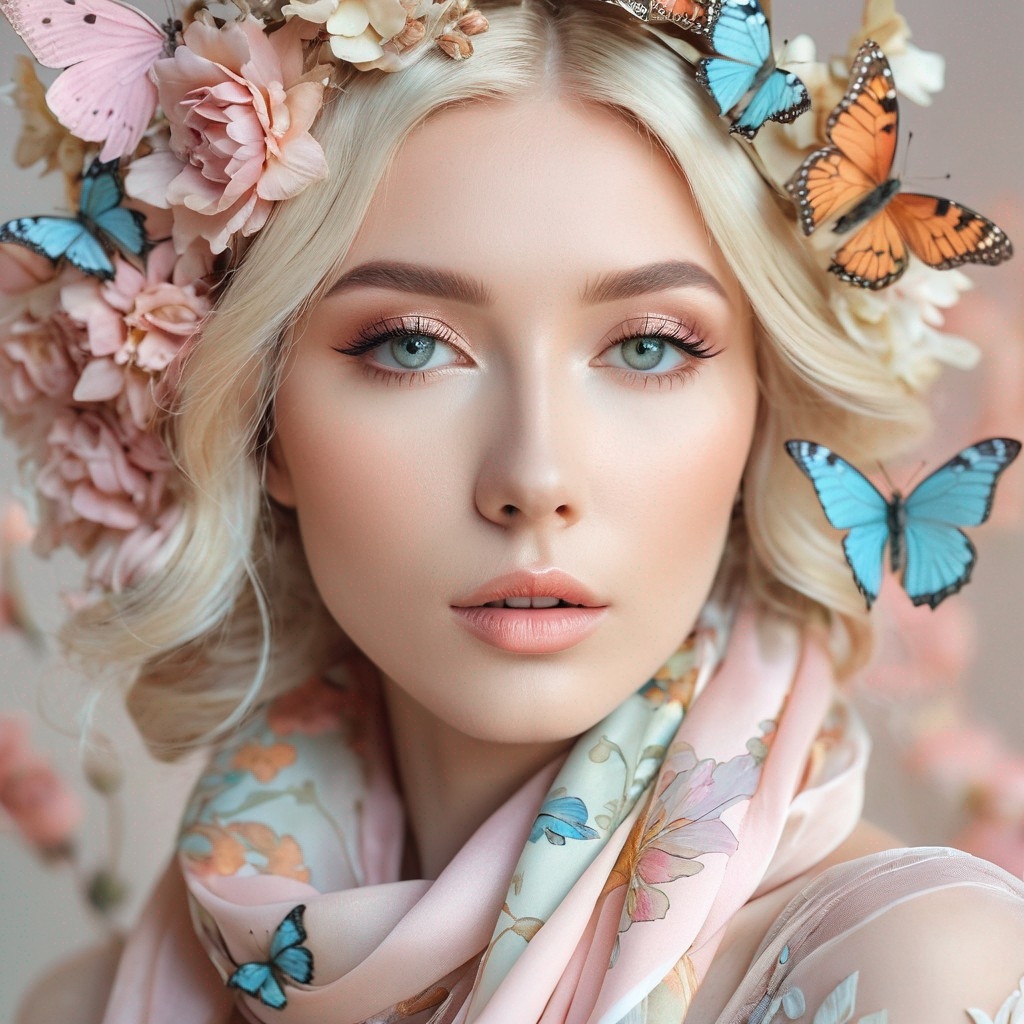 Example result. Prompt: beautiful blonde wearing a floral pastel scarf, butterflies all around her face, (close up:1.3), (pale pastel colors:1.3), art…
