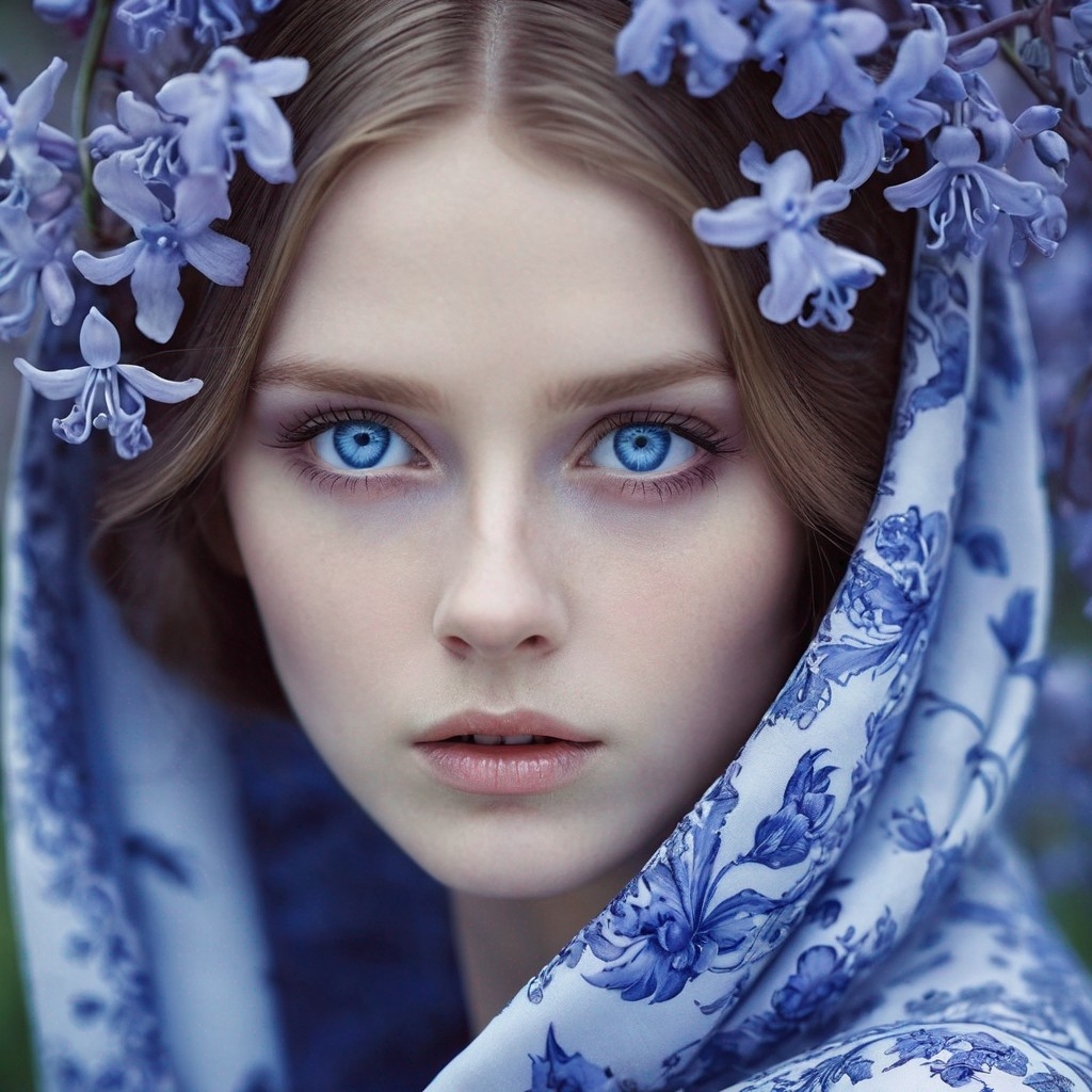 Example result. Prompt: beautiful woman with a haunting expression, beautiful blue eyes, close up, with lilac flowers and bluebells, clothing in a blue…