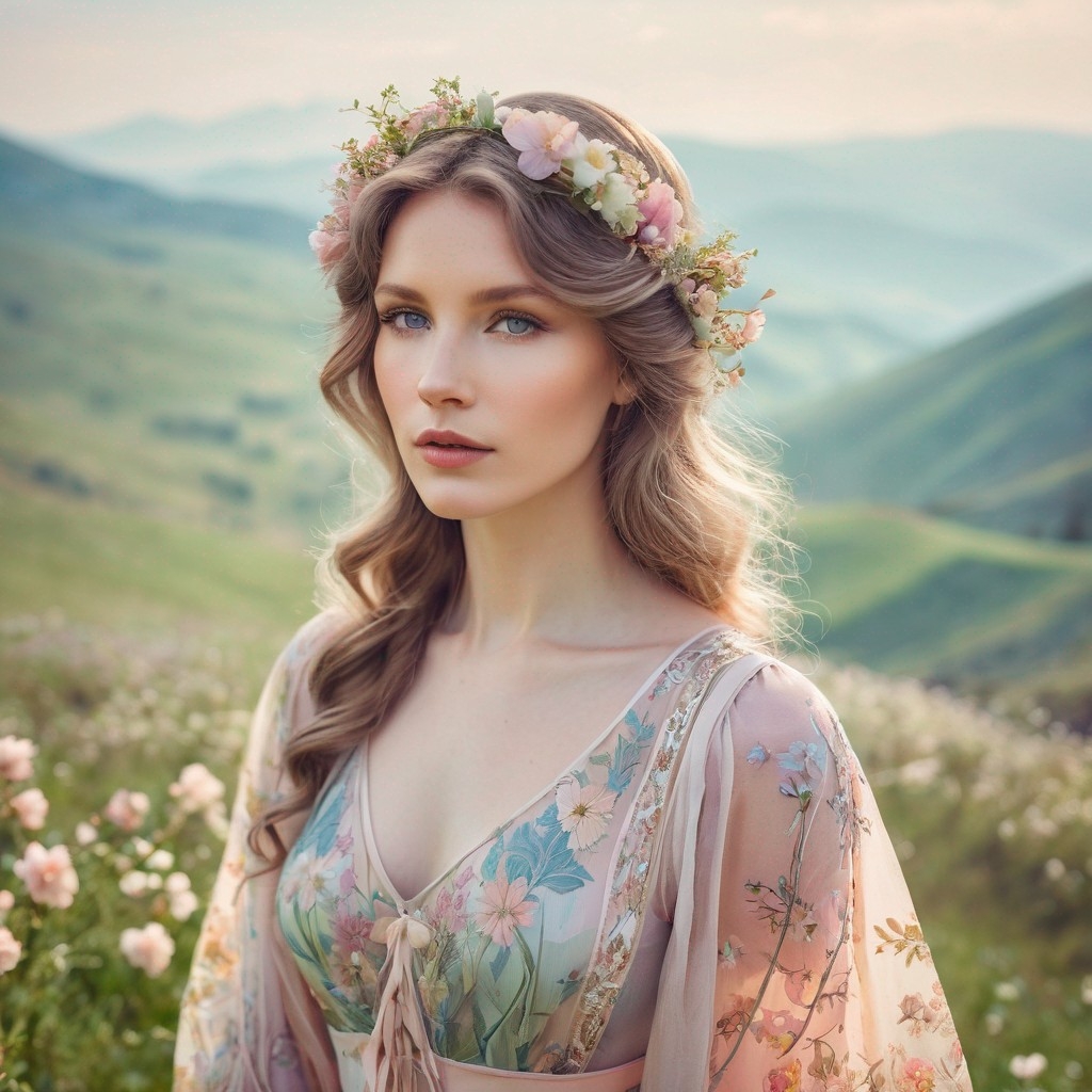 Example result. Prompt: beautiful woman wearing a floral pastel dress, facing viewer, (close up:1.3), on a hillside with spring flowers, misty hills in the…