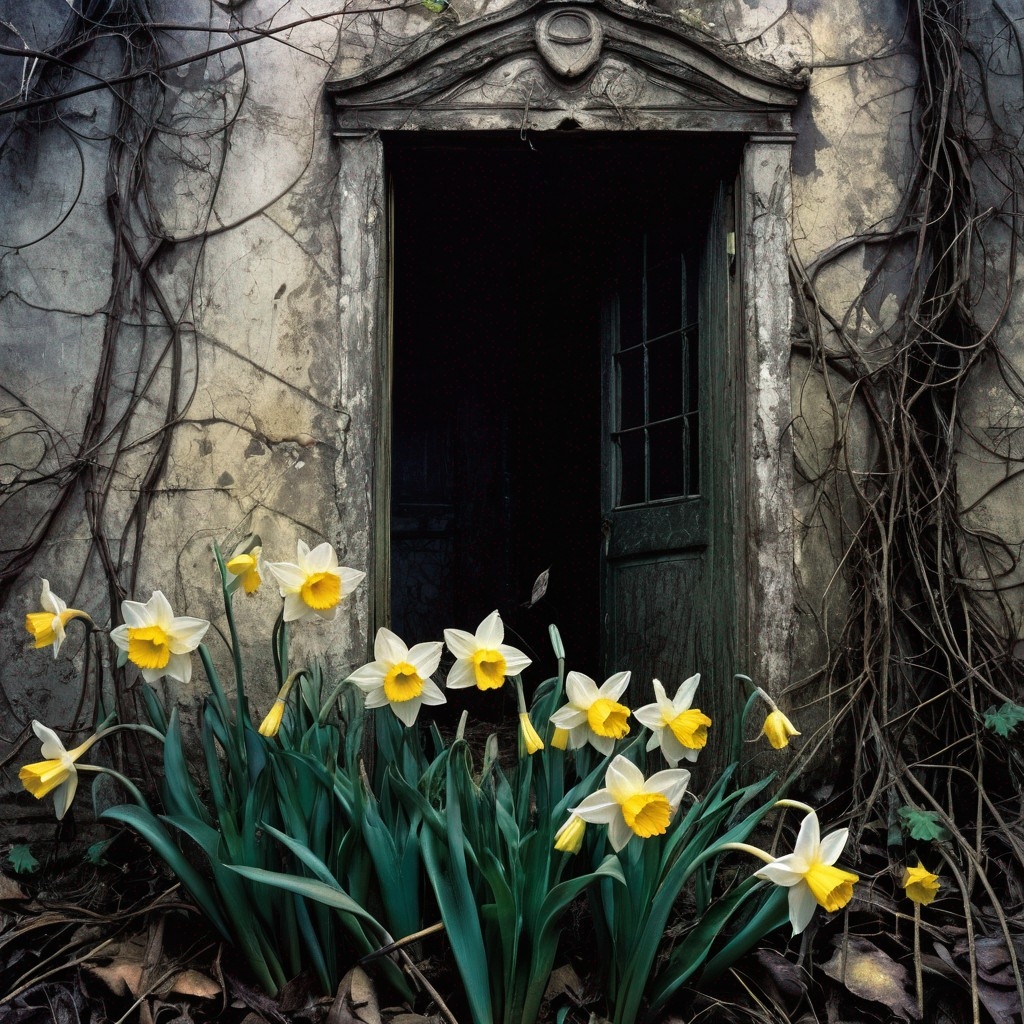 Example result. Prompt: daffodils, (close up:1.4), growing in front of an old abandoned house in the wilderness overgrown with vines, minimal, (haunting,…
