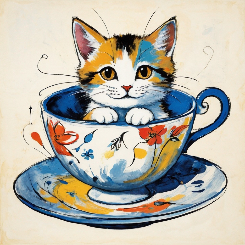Example result. Prompt: kitten in a teacup, (concept art illustration), expressionism, Wassily Kandinsky, (Marc Chagall), (Willem de Kooning:1.3) Negative…