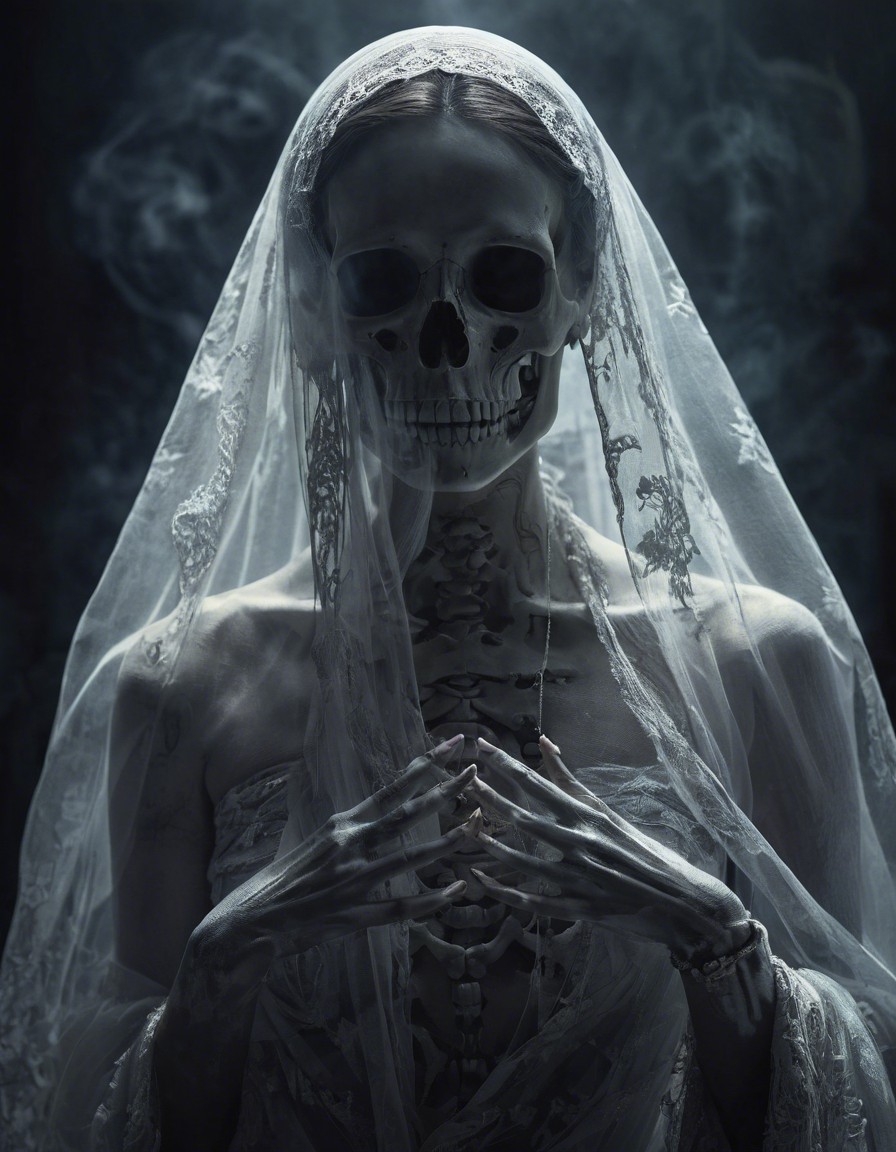 Example result. Prompt: A delicate spectral (ghost woman with transparent skin revealing a skull and bones underneath), ethereal, shrouded in an enigmatic…
