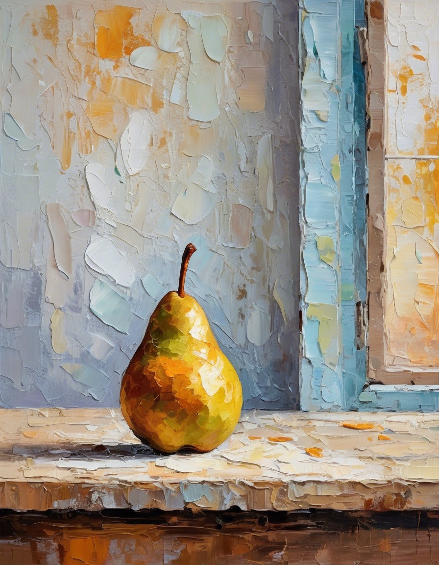 Example result. Prompt: a pear on a wooden table, neutral background with a window, highly expressive (impasto painting:1.3) . thick oil paint applied with a…