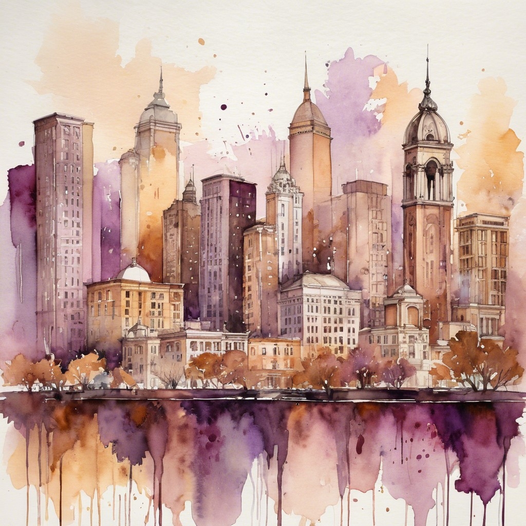 Example result. Prompt: downtown cityscape in watercolor, the outlines of the buildings are softly drawn, and the colors blend delicately, the dominant plum…