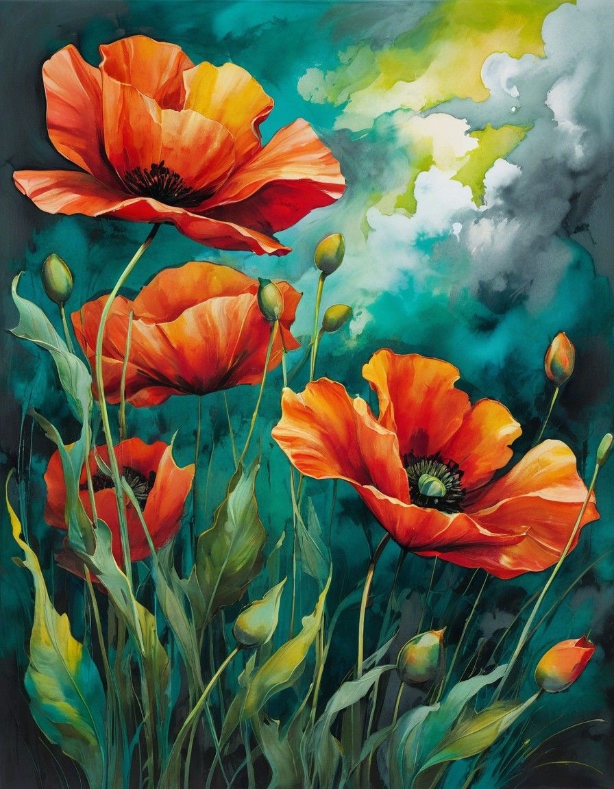 Example result. Prompt: expressionist close up painting of red poppies under a dramatic, cloudy sky. The foreground is filled with blooming poppies, close up,…