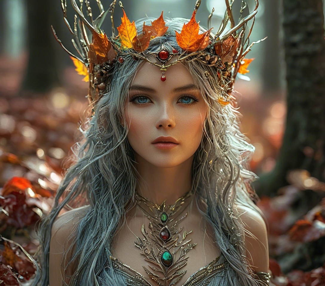 Example result. Prompt: goddess of autumn, with a crown of leaves, close portrait, in an autumn forest, award winning cinematic shot,…