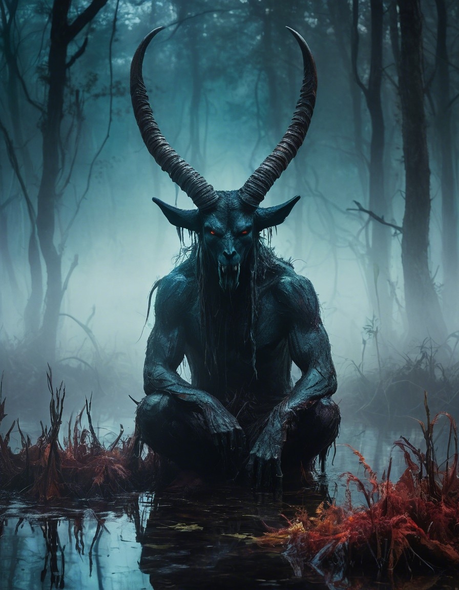 Example result. Prompt: horrifying demon with long horns, crouched in a dark swamp, fog, atmospheric, bold colors, loose brushwork, abstract expressionist…