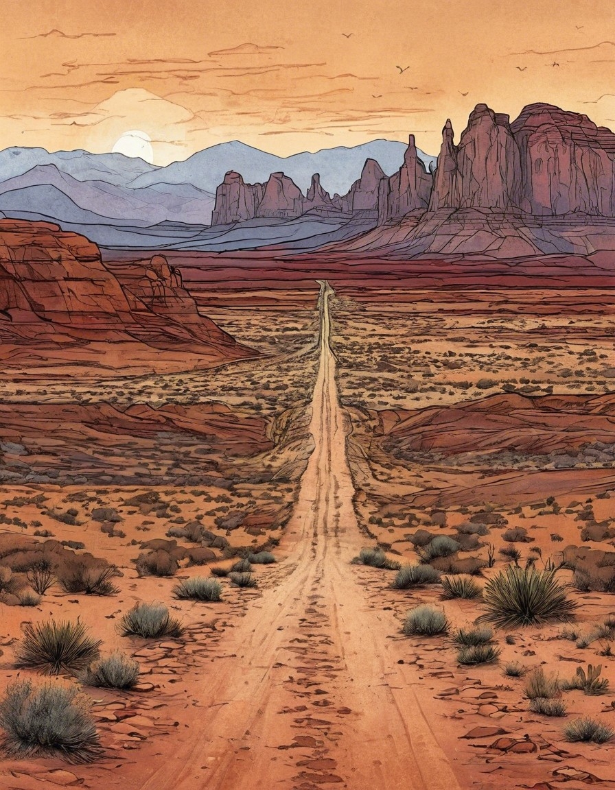 Example result. Prompt: long dirt road in the desert, leading up to a scenic path between red rock formations, old vintage farmhouse in the distance, desert…
