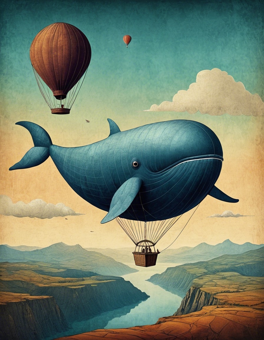 Example result. Prompt: surreal hot air balloon in the shape of a giant whale, flying over a valley. (Modern Art Graphic Illustration:1.2), stylized, grainy,…