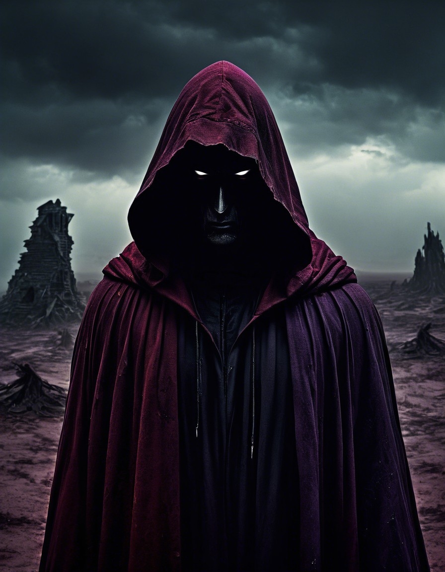 Example result. Prompt: Surrealism - Dark fantasy art. Close-up portrait. A hooded figure stands alone in a desolate, ruined landscape. Medium shot. Ominous…