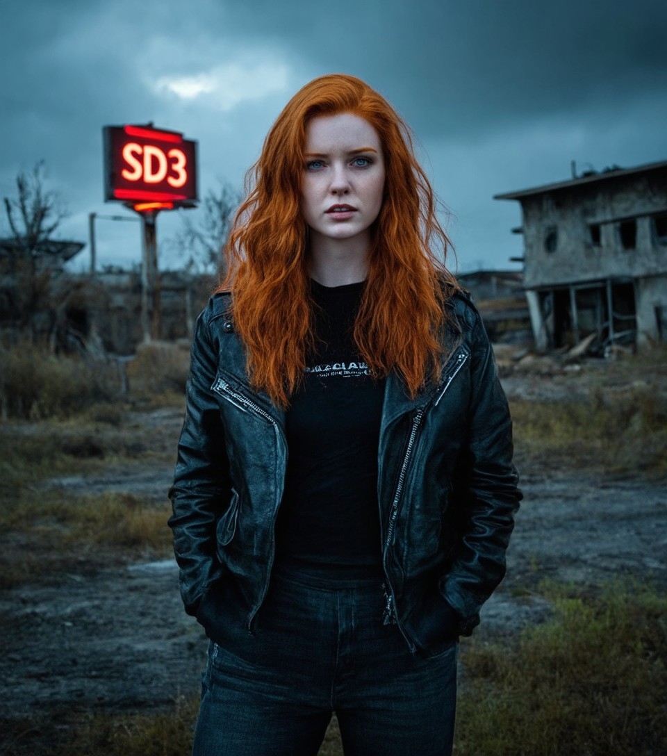 Example result. Prompt: beautiful redhead, wearing a leather jacket, standing in a post apocalyptic wasteland, cloudy sky, abandoned buildings in the…