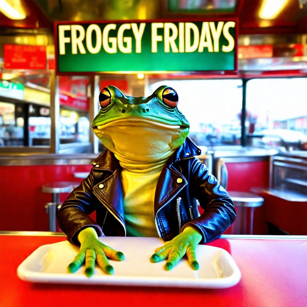 Example result. Prompt: frog sitting in a diner, wearing a leather jacket, with a sign that reads "Froggy Fridays" Negative Prompt: Guidance Scale: 7.5Steps:…