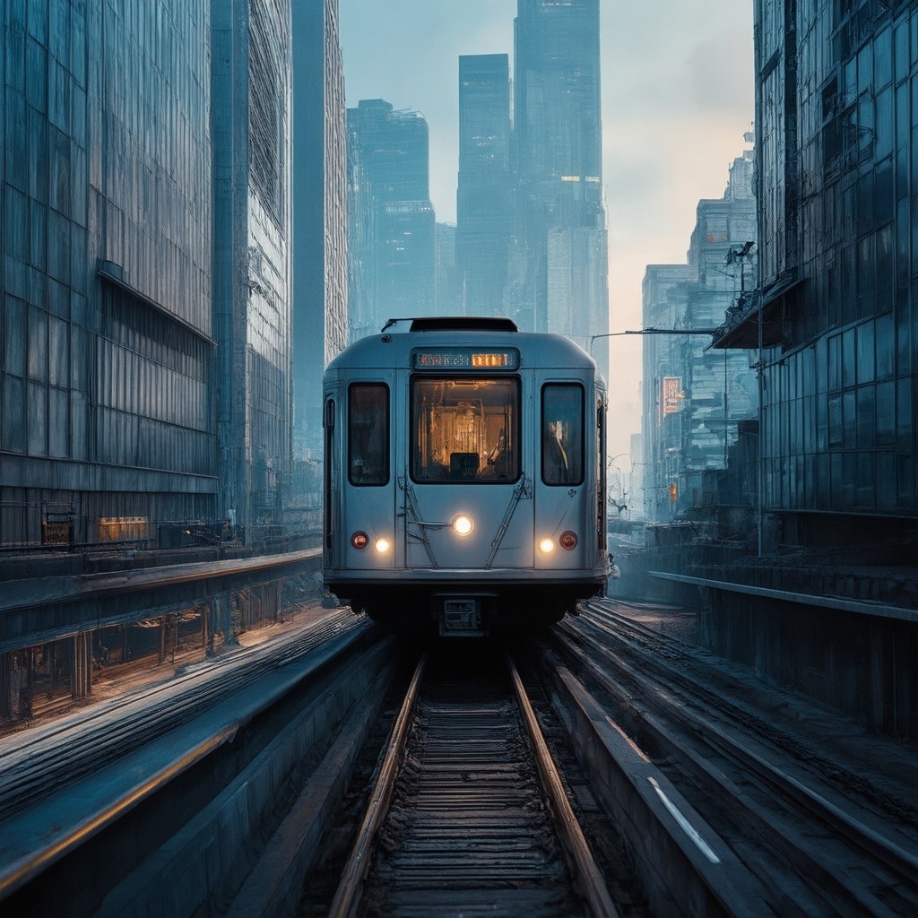 Example result. Prompt: futuristic elevated train going toward a high tech city, dawn, mid-century modern, (retro-future), Atomicpunk, coherent,…