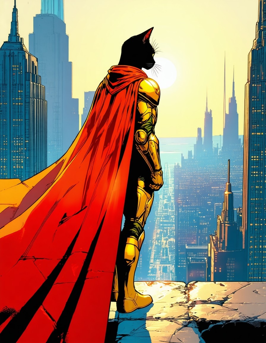 Example result. Prompt: A cat-human superhero wearing a full-length red-orange gradient cape and a yellow-gold suit, side view from above, close portrait,…