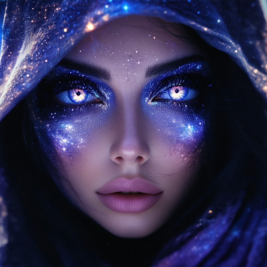 Example result. Prompt: A close-up of the Sorceress' enigmatic eyes, swirling with intricate celestial patterns of galaxies, stars, and nebulas, their glowing…