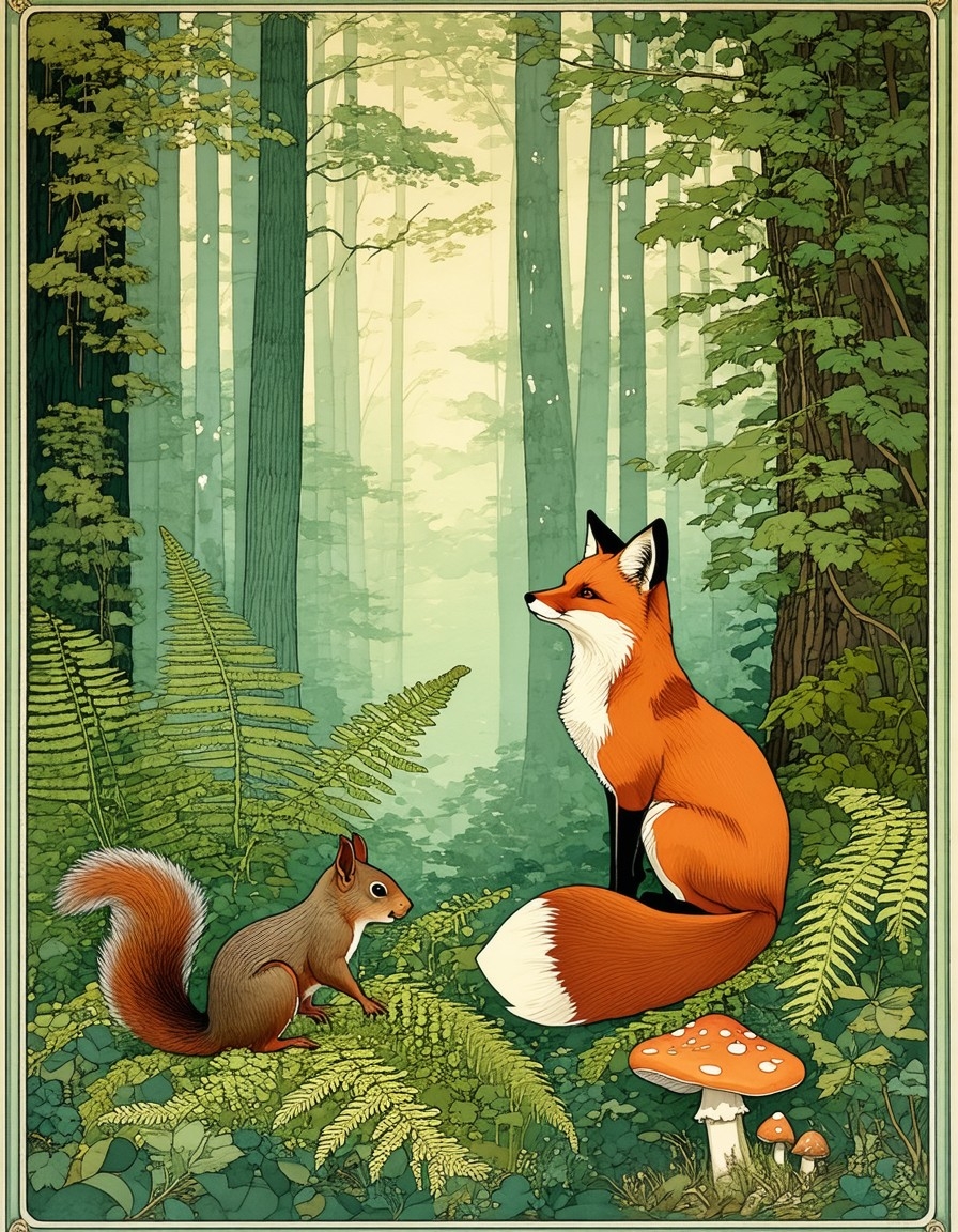 Example result. Prompt: a fox in a forest, next to a squirrel, with ferns, leafy plants, and mushrooms. In the Vienna Secession style, an Art Nouveau drawing