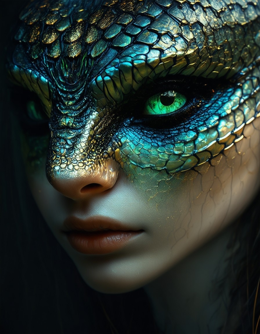 Example result. Prompt: A highly detailed and vibrant digital artwork combining elements of realism and fantasy. The composition features a portrait of a…