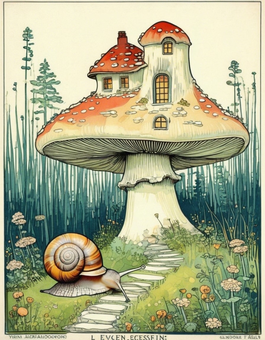 Example result. Prompt: A tiny snail approaching a house built into a mushroom. Art Nouveau drawing in a Vienna Secession style Negative Prompt: deformed,…