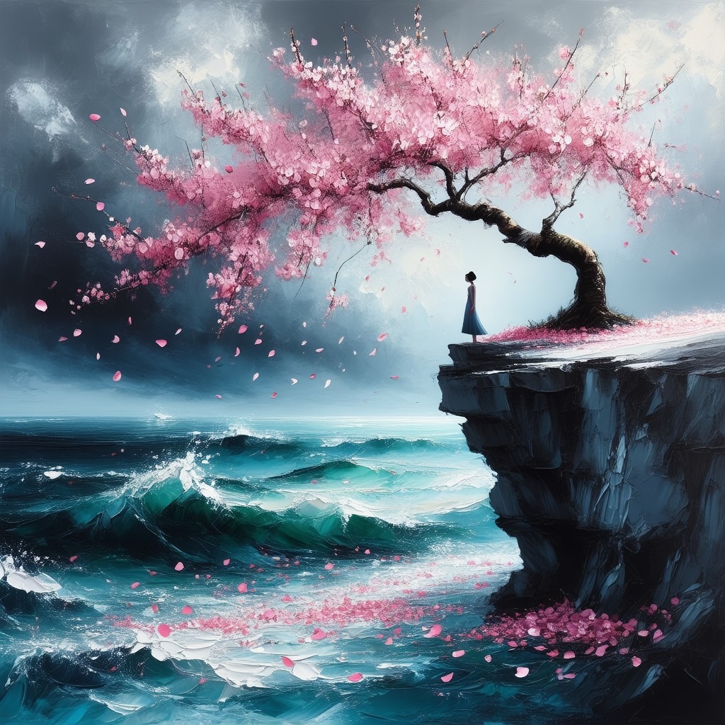 Example result. Prompt: A woman stands at the edge of a stormy ocean cliff, beneath a cherry blossom tree. The tree drops countless pink petals into the sea…