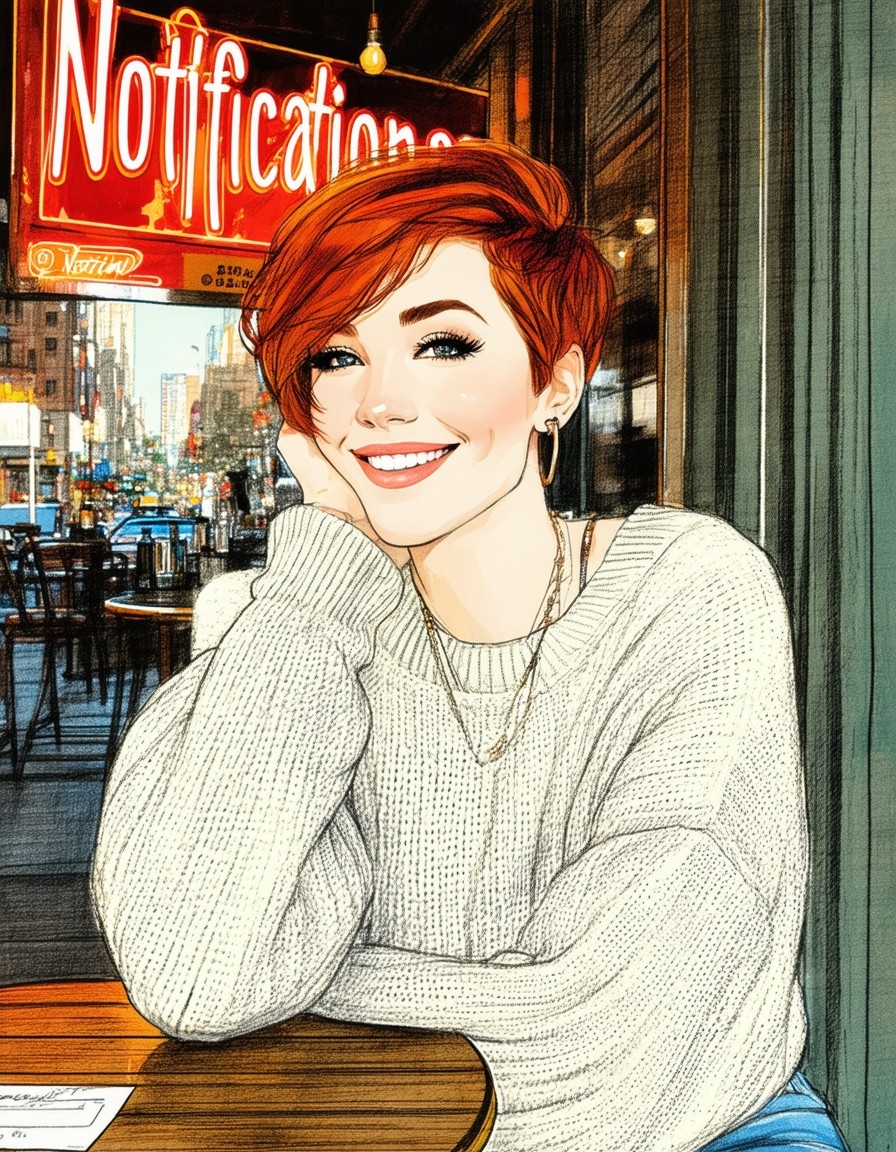 Example result. Prompt: Art Nouveau drawing of a beautiful redhead with short punky hair, smiling warmly, close up, wearing a cute sweater and jeans, sitting…