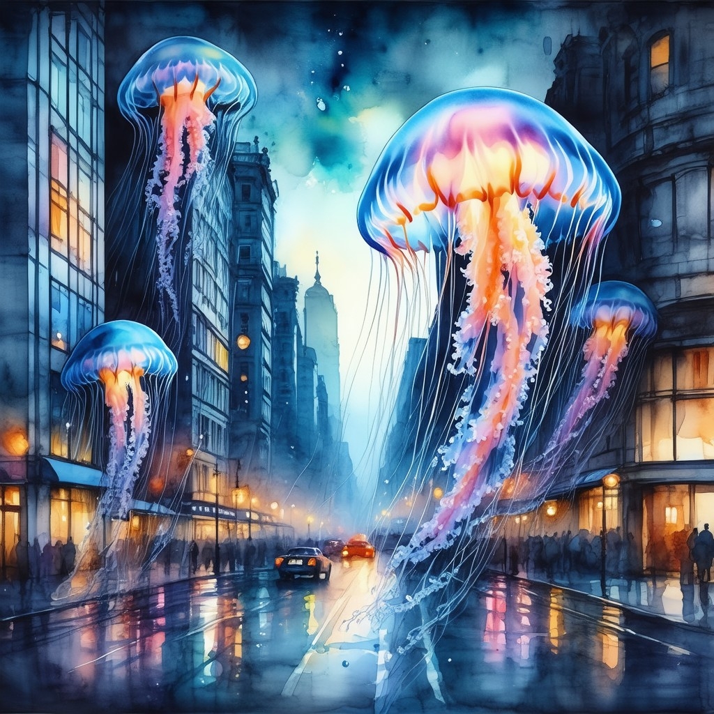 Example result. Prompt: beautiful jellyfish floating in a downtown city street at dusk, painted in a style that combines ink wash and watercolor