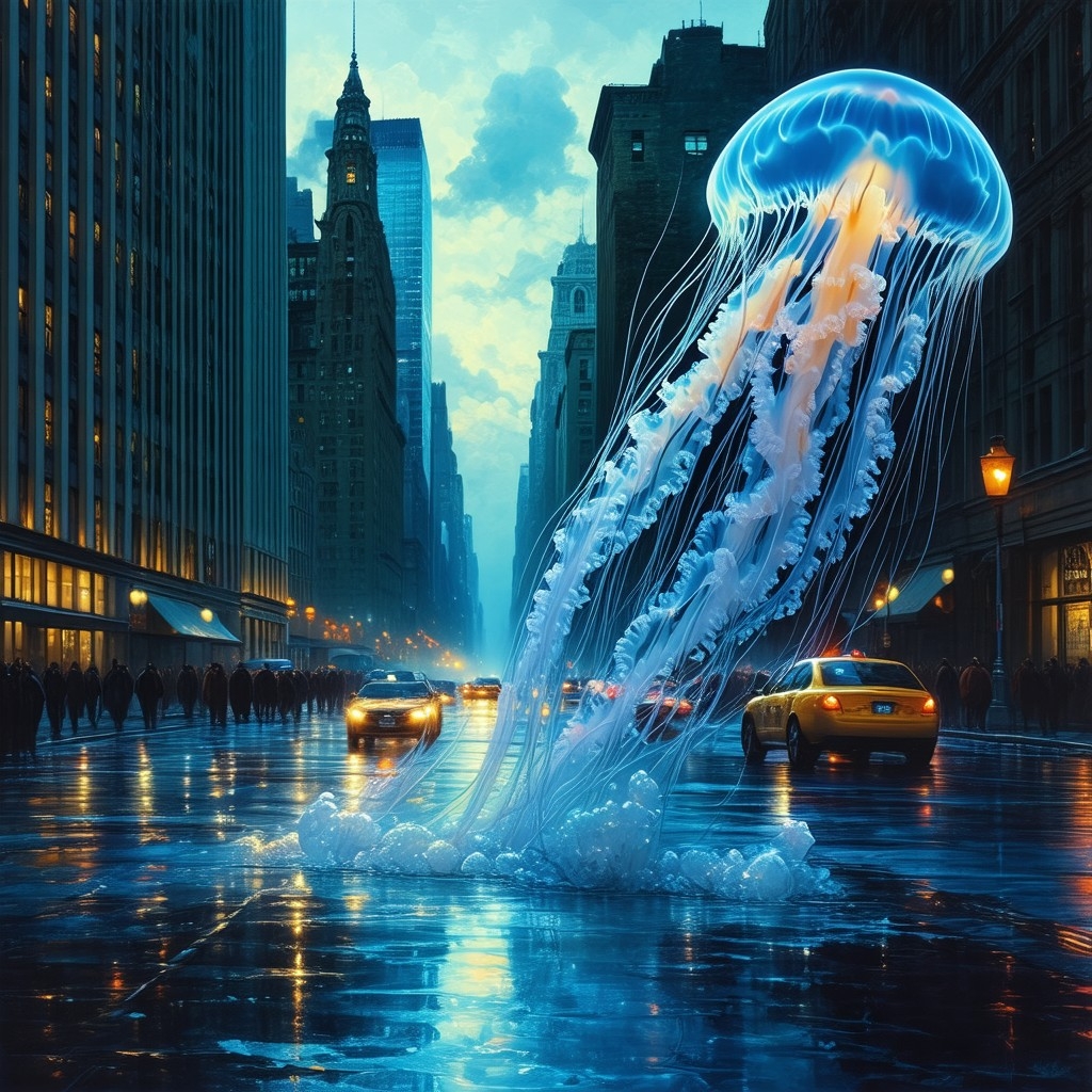 Example result. Prompt: beautiful jellyfish floating in a downtown city street at dusk, (haunting, moody, bleak), surreal, Sidney Nolan, (Karel Thole:1.2),…