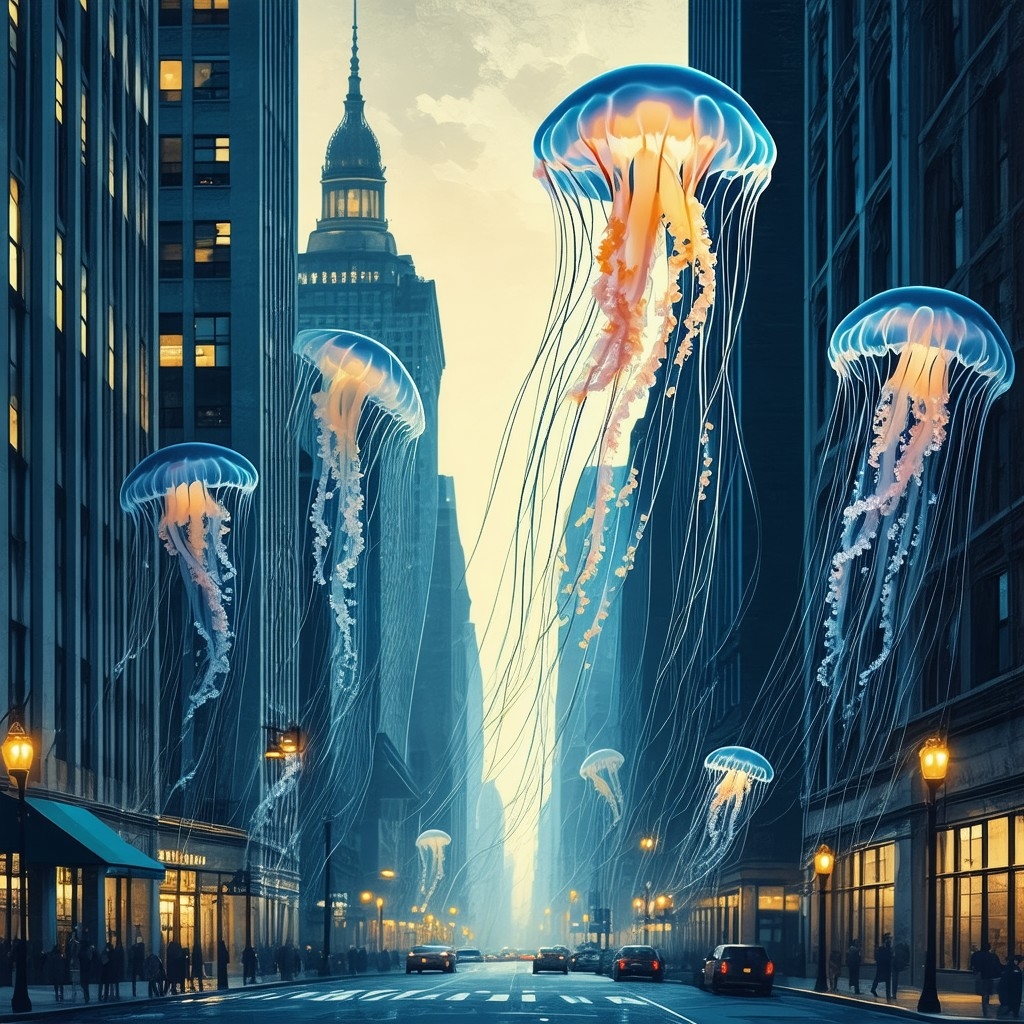 Example result. Prompt: beautiful jellyfish floating in a downtown city street at dusk, simple illustration in a vector graphic style with the texture of…