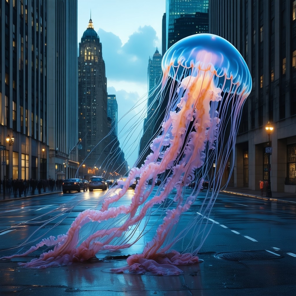Example result. Prompt: beautiful jellyfish floating in a downtown city street at dusk, (haunting, moody, bleak), surreal,