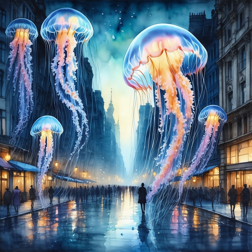 Example result. Prompt: beautiful jellyfish floating in a downtown city street at dusk, painted in a style that combines ink wash and watercolor, in the style…