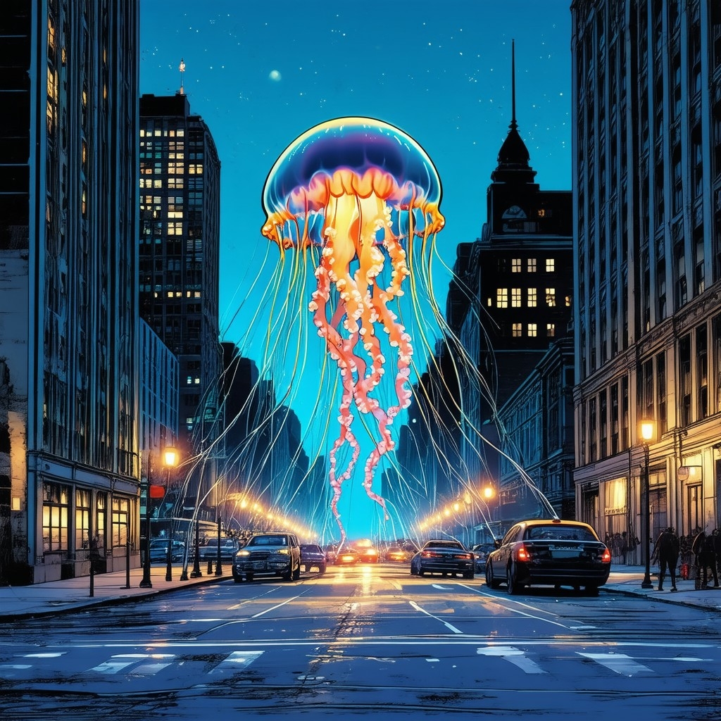 Example result. Prompt: beautiful jellyfish floating in a downtown city street at dusk, simple illustration in a comic book style and the style of artist…