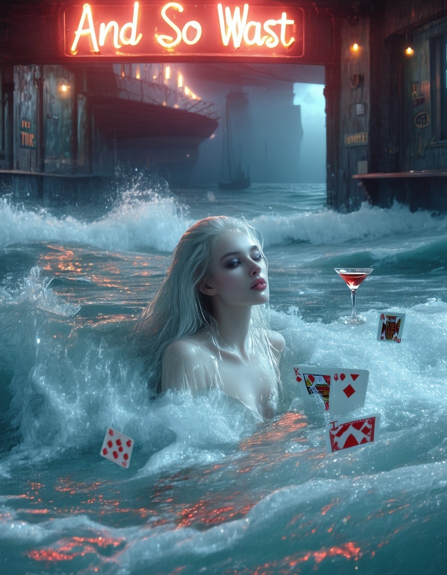 Example result. Prompt: beautiful pale woman, close up, drowning in an old tavern that has been flooded by sea water. The waves are crashing against the…