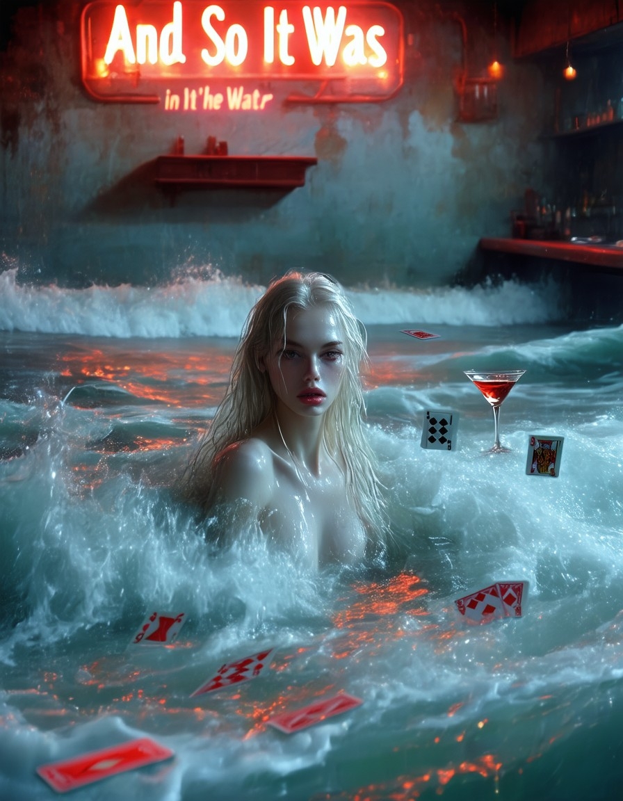 Example result. Prompt: beautiful pale woman, close up, drowning in an old tavern that has been flooded by sea water. The waves are crashing against the…