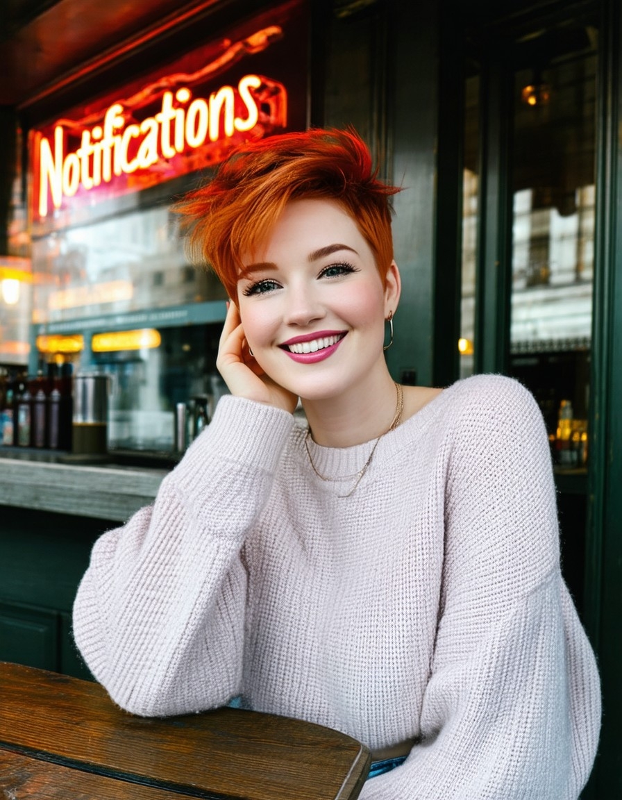 Example result. Prompt: beautiful redhead with short punky hair, smiling warmly, close up, wearing a cute sweater and jeans, sitting at a table at an outdoor…
