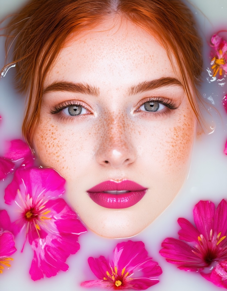 Example result. Prompt: beautiful woman with freckles, pink lipstick, and red hair, rising from a deep milk bath. She is surrounded by pink flowers floating…
