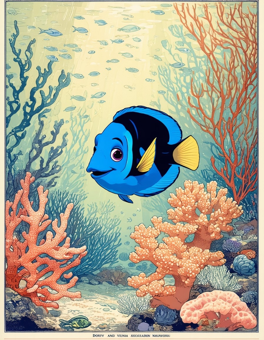 Example result. Prompt: cute blue tang fish (Dory) in a coral reef, Vienna Secession style Art Nouveau drawing