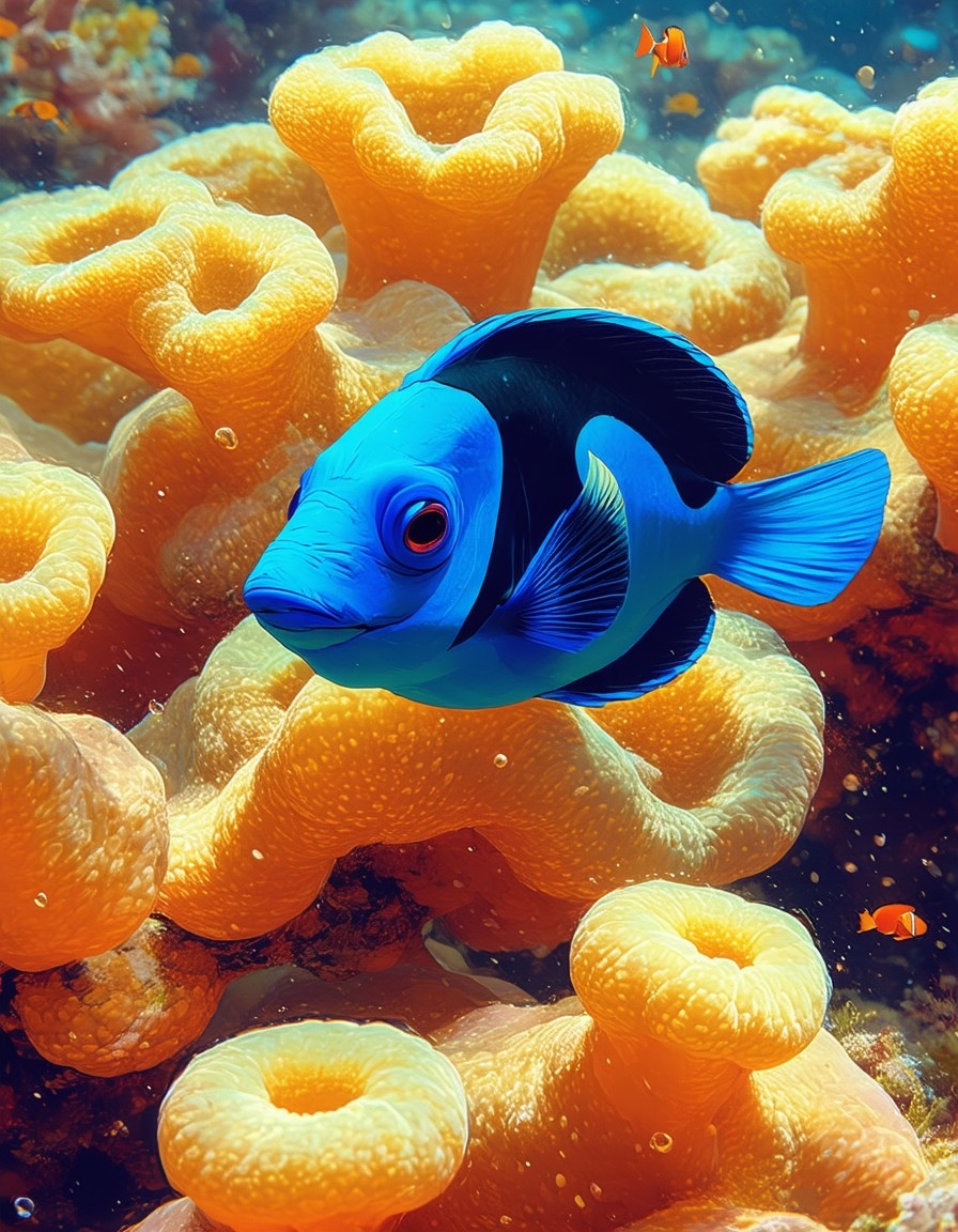 Example result. Prompt: cute blue tang fish (Dory) in a coral reef. by Richard Corben. Simple illustration in a comic book style.