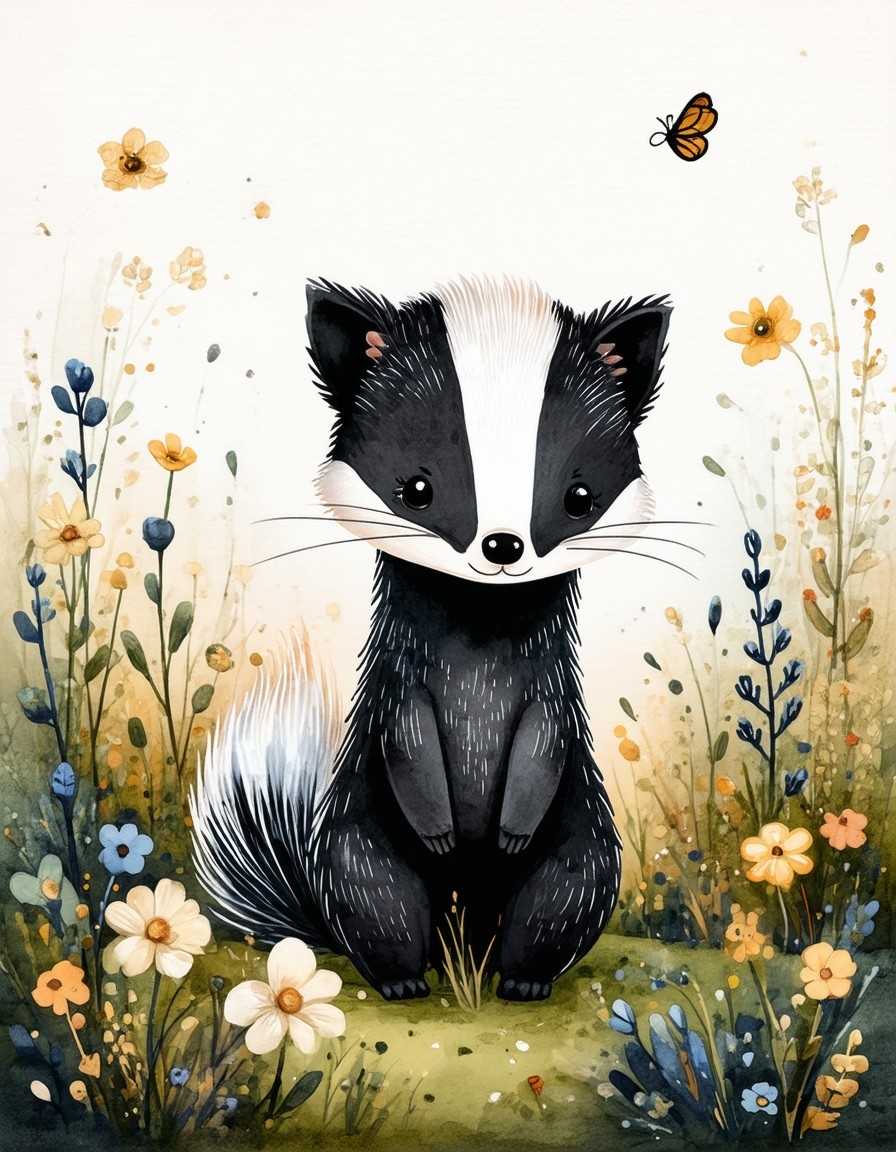 Example result. Prompt: cute skunk in a wildflower field, whimsical style with small details and organic patterns, stylized, hand-drawn, vibrant, warm colors,…