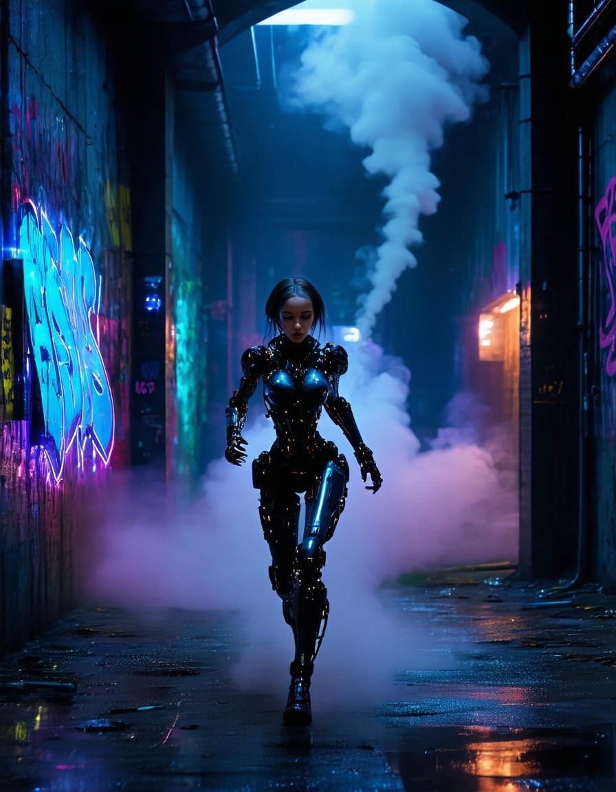 Example result. Prompt: Cybernetic woman running down a dark alley with steam vents and glowing graffiti covering the walls, cinematic film still Negative…