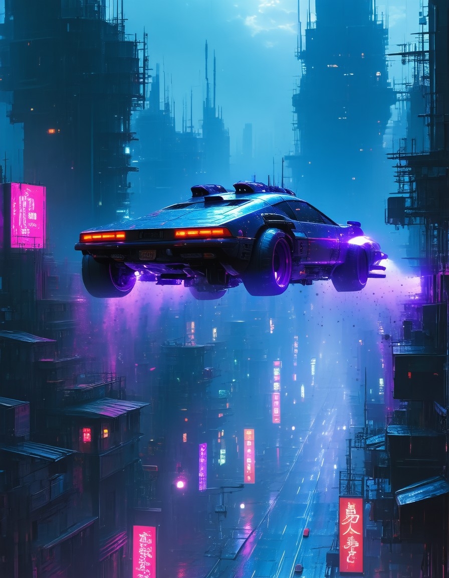 Example result. Prompt: Dynamic action shot of a cyberpunk flying car traveling over the grimy neon-lit streets of a dystopian futuristic city belowNegative…