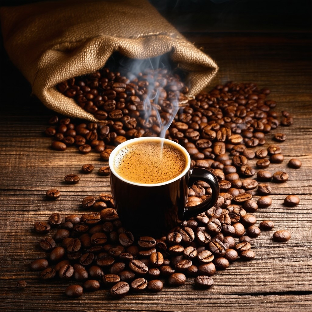Example result. Prompt: Eye level shot of a rustic, hand-crafted wooden table covered with roasted coffee beans, a burlap sack spilling beans in the…
