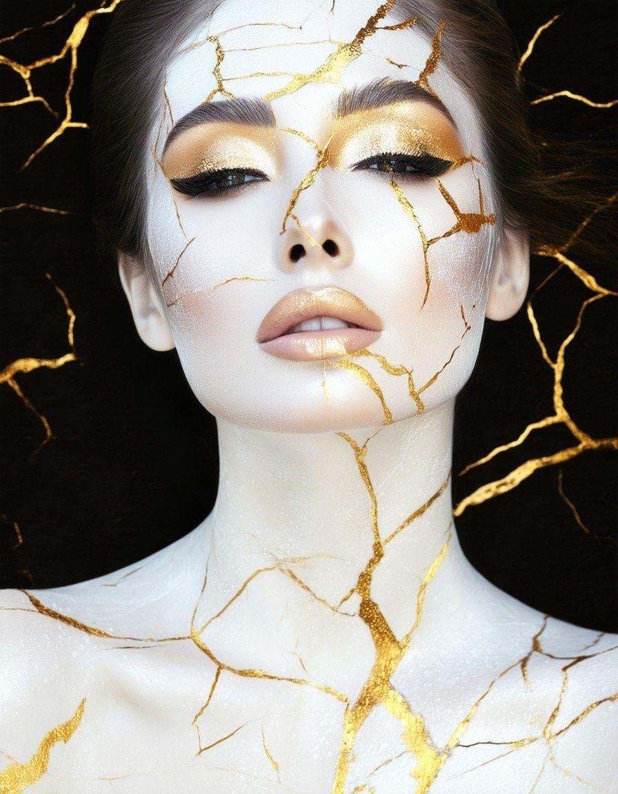 Example result. Prompt: Kintsugi inspired fine art photography of a beautiful woman with her skin painted white. she has gold metallic cracks like kintsugi…