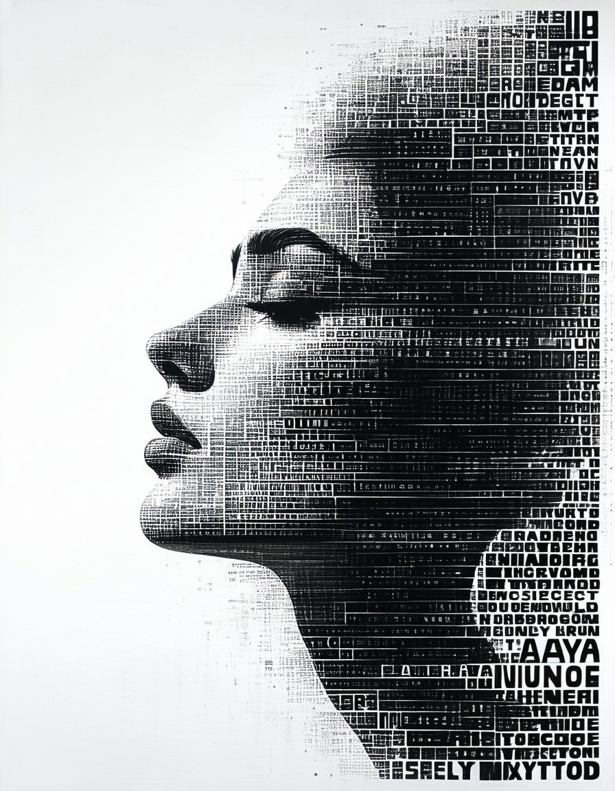 Example result. Prompt: Portrait, collage of black block letters on a white background, letters of different sizes draw a dream portrait, light and shadow,…