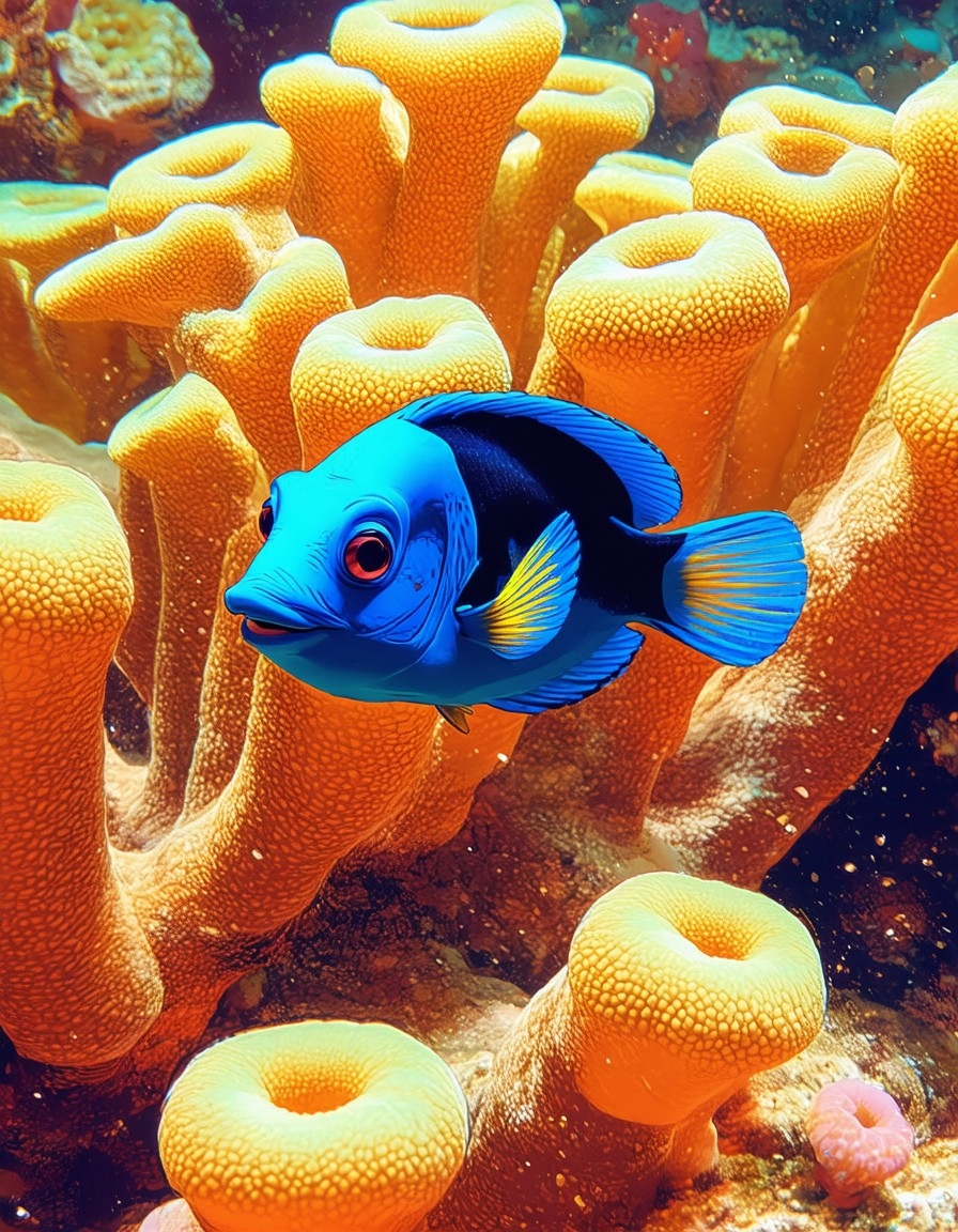 Example result. Prompt: Simple illustration in a comic book style, artist Richard Corben, cute blue tang fish (Dory) in a coral reef