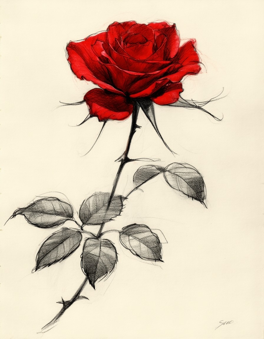 Example result. Prompt: sketch of a red rose with a long stem and leaves. The drawing is sketched with firm strokes using charcoal and colored pencils in a…