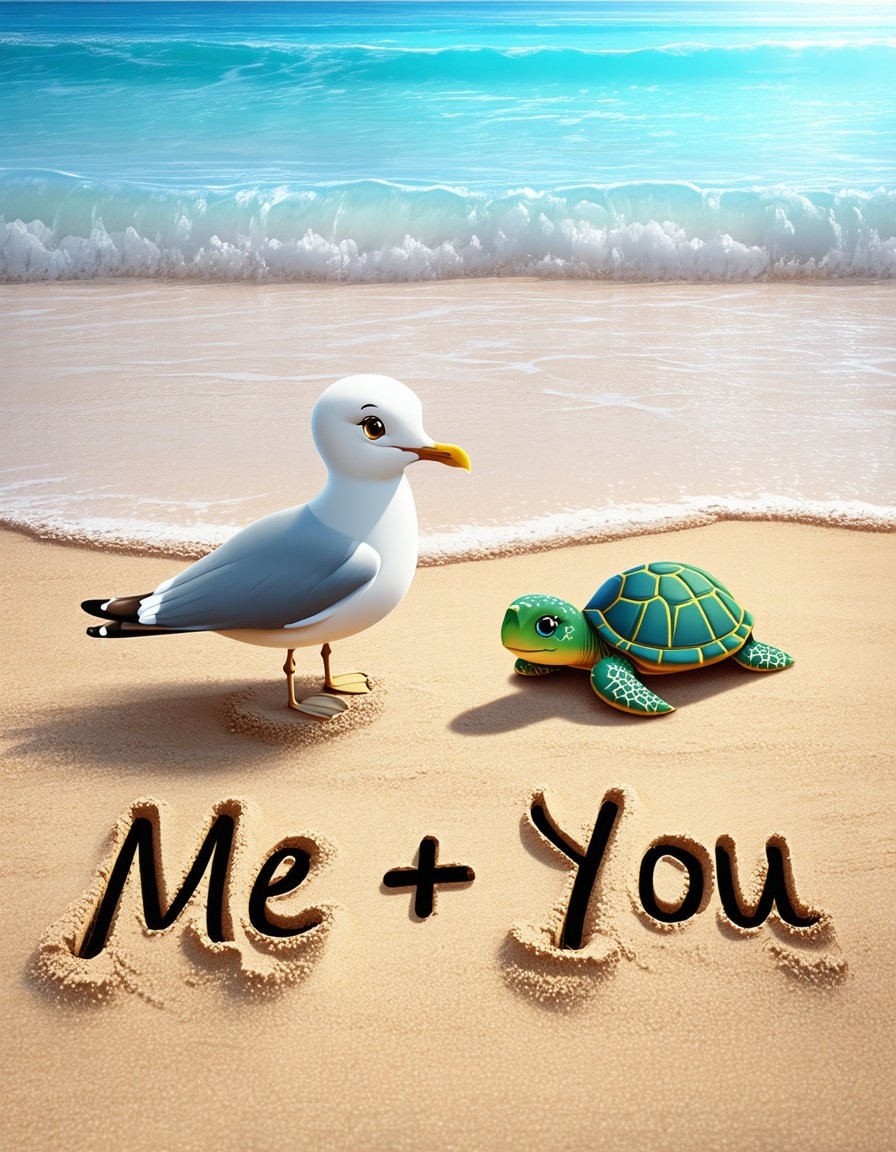 Example result. Prompt: The words "Me + You" written into the sand on a beach. A cute seagull is looking into the eyes of a cute sea turtle. Waves and water…