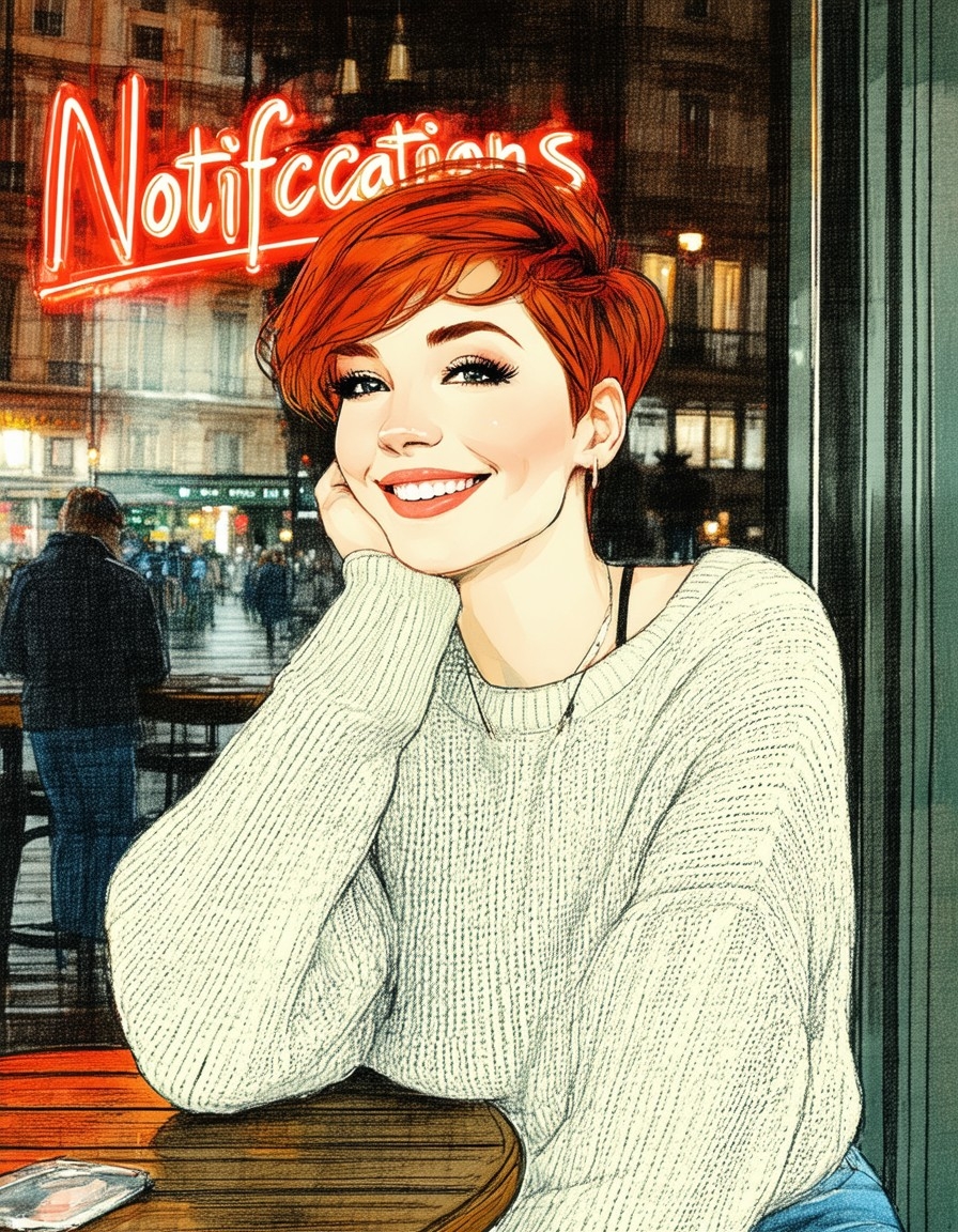 Example result. Prompt: Vienna Secession style, an Art Nouveau drawing of a beautiful redhead with short punky hair, smiling warmly, close up, wearing a cute…