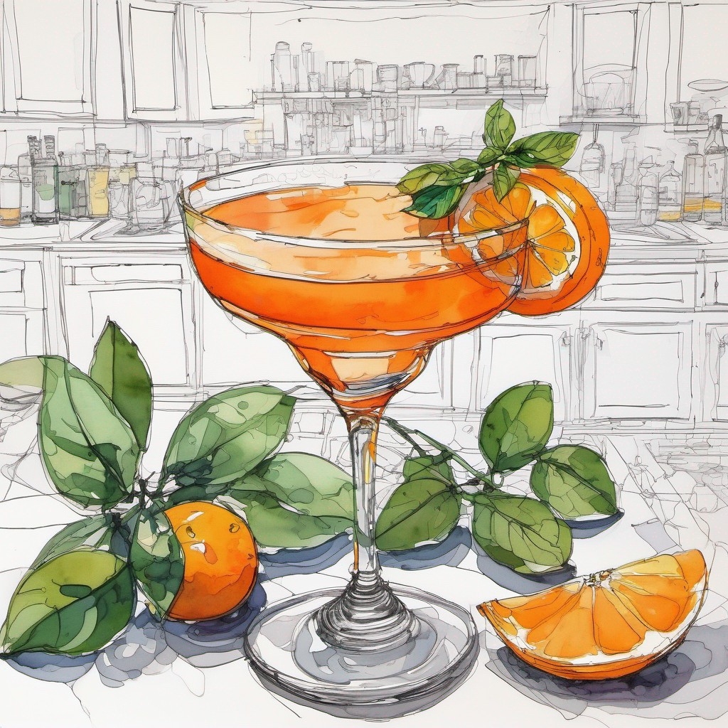 Example result. Prompt: beautiful cocktail in a martini+ glass, orange slice on the rim, oranges and basil and berries on the countertop, ink, watercolor,…