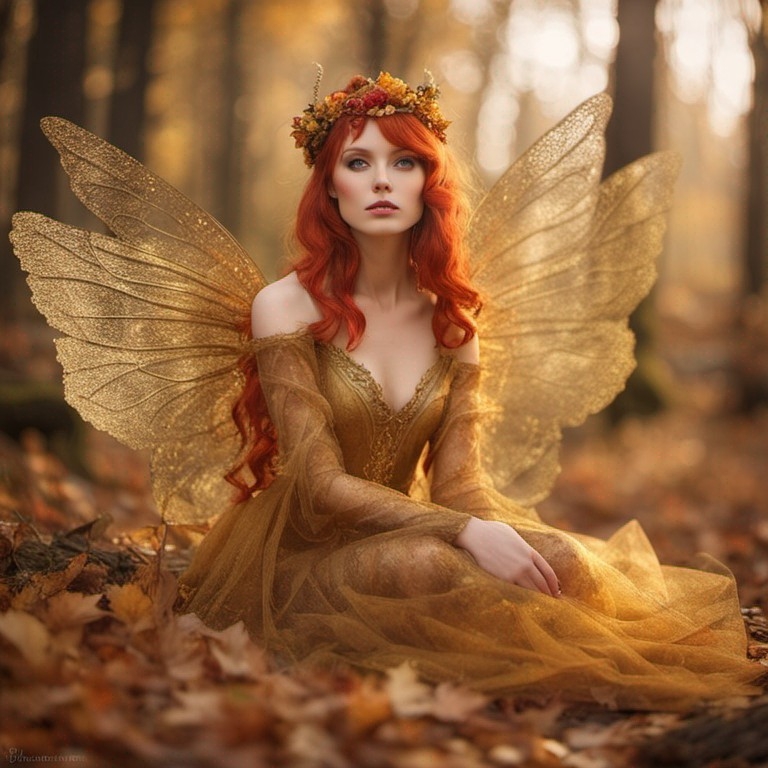 Example result. Prompt: beautiful fairy with intricate translucent (iridescent bronze:1.3) wings, red hair, (yellow gold:1.3) dress, sitting in an enchanted…